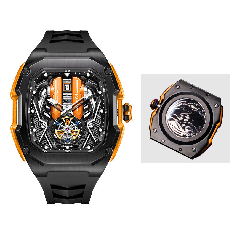 LILUOKE Men's Engine Skeleton Tourbillon Watch | Orange Black Supercar Inspired | Mechanical Turbine Dial | Date Window | Luxury Sport Racing Watch | UAE