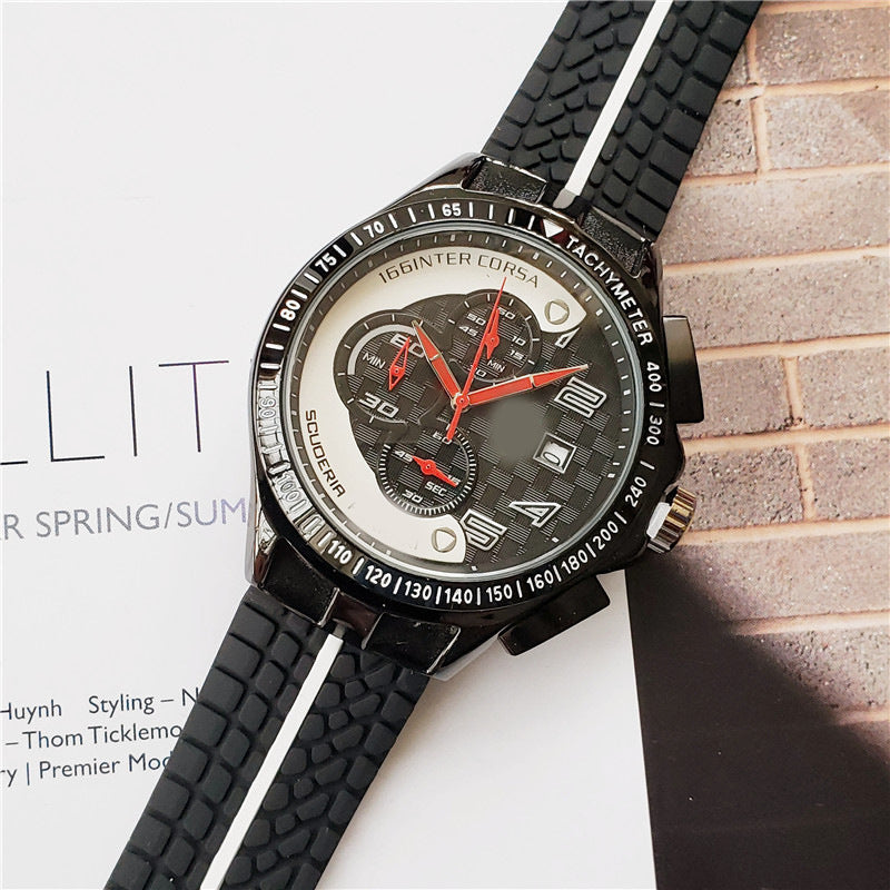 Men's Scuderia Racing Chronograph Watch | 166 Inter Corsa Tachymeter Black Yellow Carbon Dial | Red Hands Date Rubber Strap Sport Timepiece