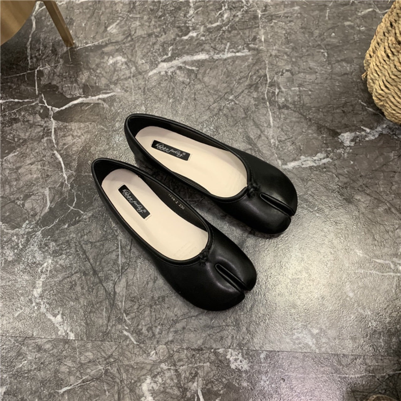 Black Leather Split Toe Tabi Ballet Flats | Japanese Inspired Bifurcated Flat Shoes for Women