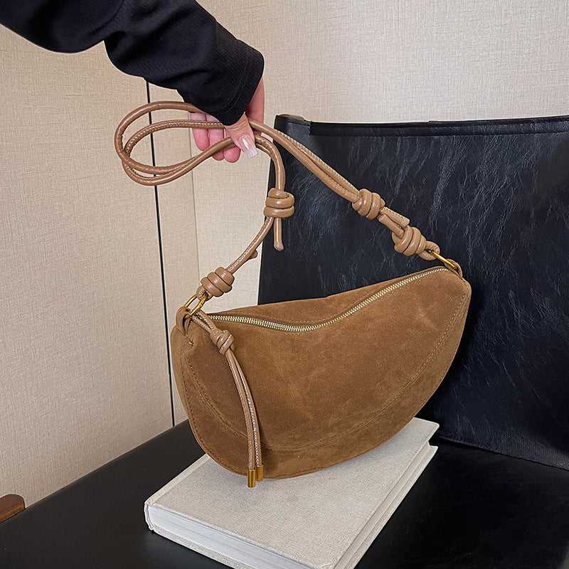 Suede Crescent Shoulder Bag with Knotted Strap & Gold Hardware | Women's Half Moon Hobo Bag in Brown | Trendy Minimalist Crossbody for Everyday & Going Out