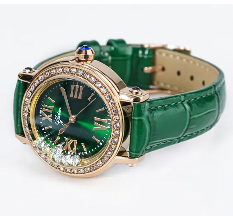 Godan Women's Rose Gold Green Watch | Emerald Dial Floating Diamond Crystal Bezel Roman Numeral Luxury Quartz Watch