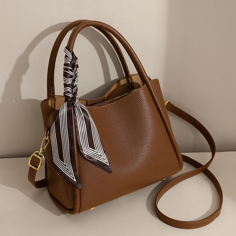 Black Leather Tote Bag Women | Scarf Handle Shoulder Handbag | Pebbled Crossbody Satchel Bag with Silk Ribbon Detail