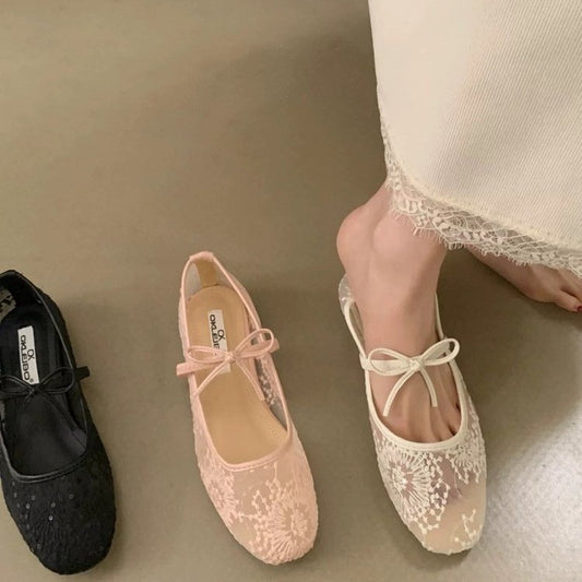 Damen bestickte Ballettschuhe aus Spitze mit Schleife | Rosa Weiß Schwarz | Flache Mary Jane Schuhe für Damen