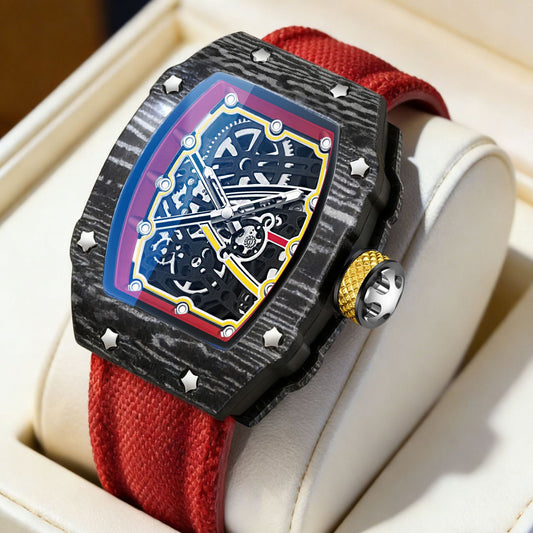 Skeleton Tonneau Watch for Men, Carbon Fiber Style Case with Blue Nylon Strap, Hollow Dial Mechanical Style