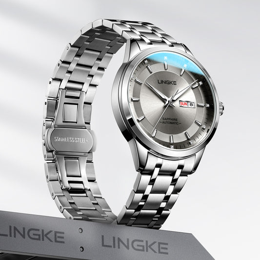 LINGKE Men's Sapphire Automatic Watch | Silver Grey Dial Crystal Marker Day-Date Stainless Steel Luxury Watch