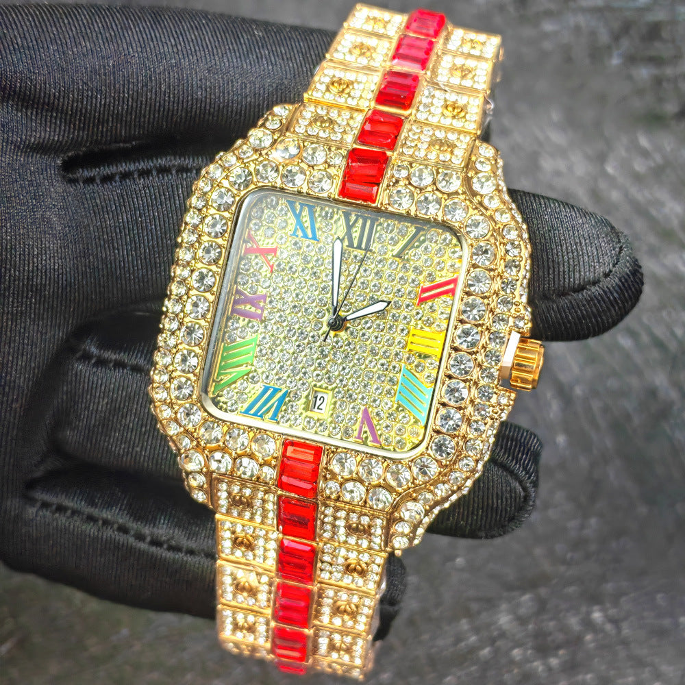 Iced Out Square Watch Men | Black CZ Blue Sapphire Baguette | Roman Numeral Blue Pave Dial | Hip Hop Luxury Date Watch
