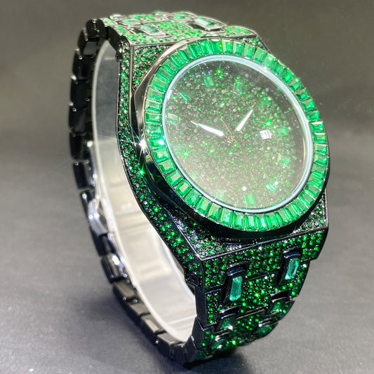 Iced Out Emerald Green Watch for Men | Full Pave CZ Baguette Bezel Luxury Hip Hop Watch with Date