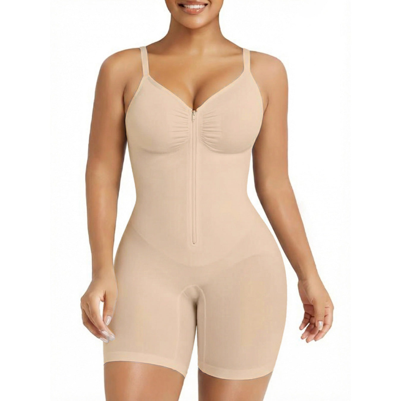 Brown Full Body Shaper for Women | Tummy Control Bodysuit with Zipper | Slimming Mid-Thigh Shapewear Romper