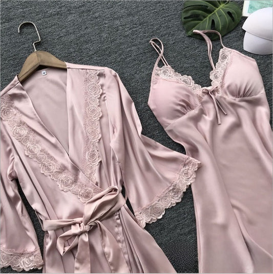 Women's Gray Satin Rose Lace Trim Robe & Slip Nightgown Set ? Luxury 2-Piece Bridal Sleepwear Set