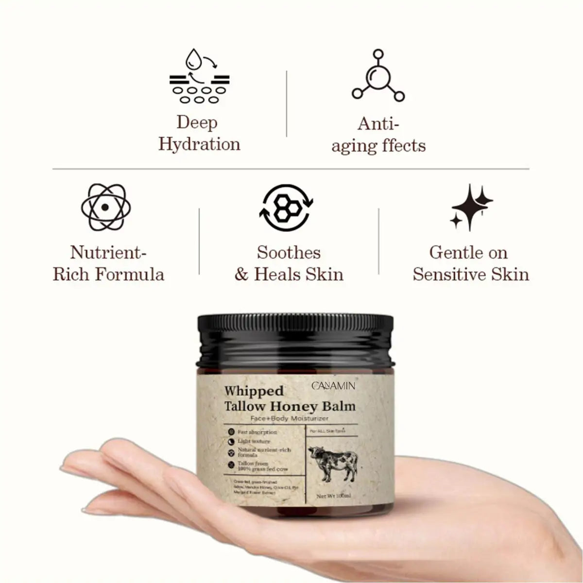 CANAMIN Whipped Tallow Honey Balm Set of 2 | Grass-Fed Tallow & Manuka Honey Face + Body Moisturizer — 100ml Each