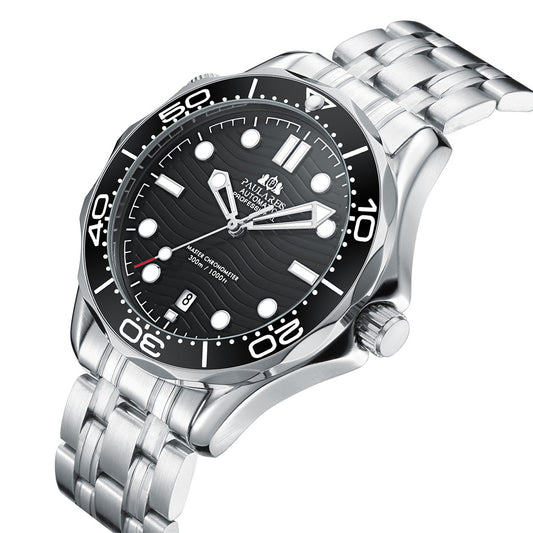 Paula Reis Automatic Professional Diver Watch | Black Dial Master Chronometer 300M | Stainless Steel Bracelet Men's Watch