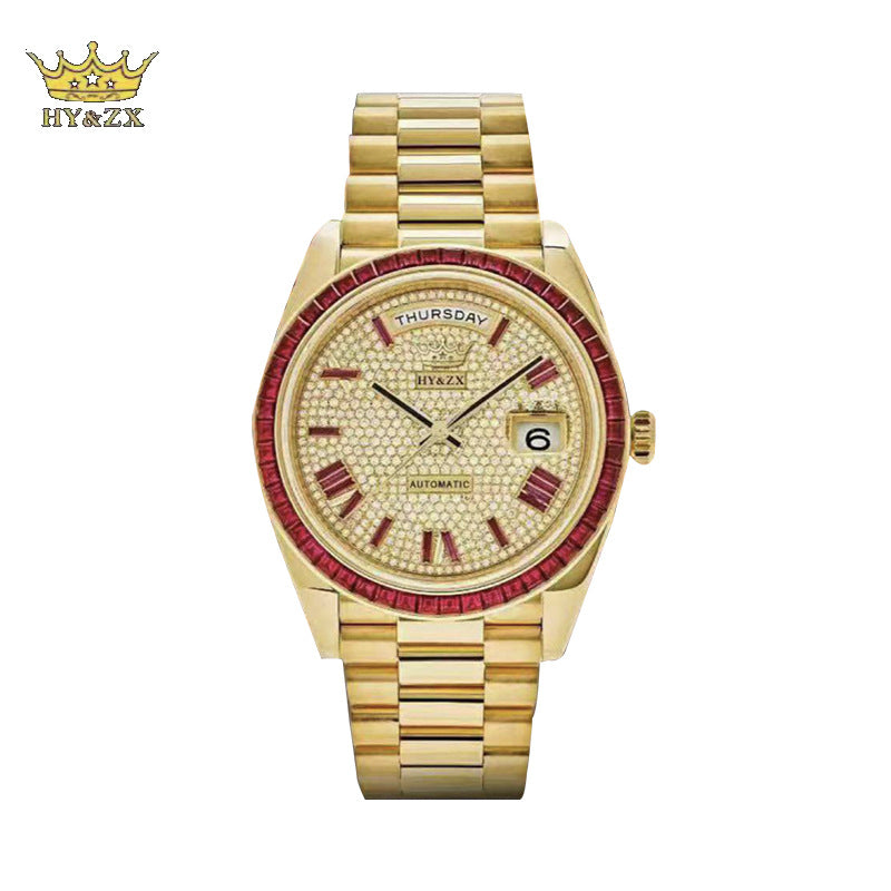 HY&ZX Automatic Gold Watch | Diamond Paved Dial Ruby Baguette Bezel | Day Date Presidential Bracelet Men's Luxury Watch