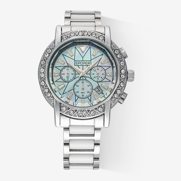 Orologio da donna EPOPER Crystal Chronograph | Orologio da polso di lusso in acciaio inossidabile argentato con lunetta in diamanti