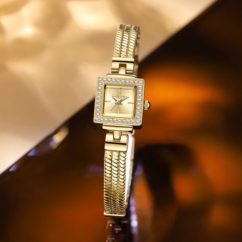 Women's Gold Square Crystal Bezel Watch | Diamond Pave Snake Chain Bracelet Champagne Dial Luxury Quartz Timepiece