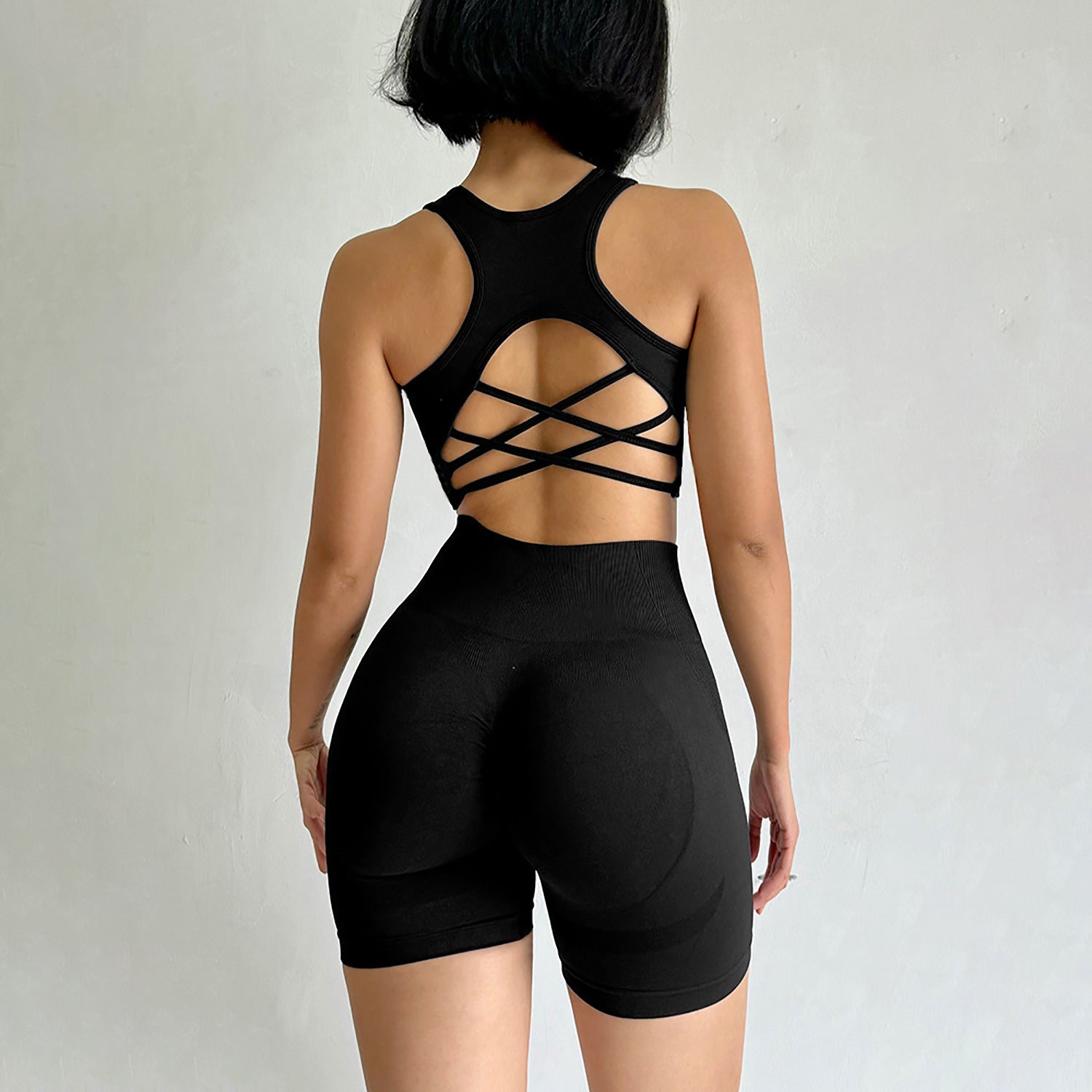 Women's Seamless Workout Set - Cross Back Sports Bra & High Waist Biker Shorts | Breathable Mesh Gym Activewear 2 Piece Set