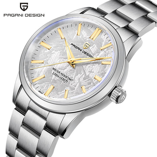 Pagani Design Men's Meteorite Dial Watch | Blue Gibeon Texture Gold Indices 100M Water Resistant Steel Watch