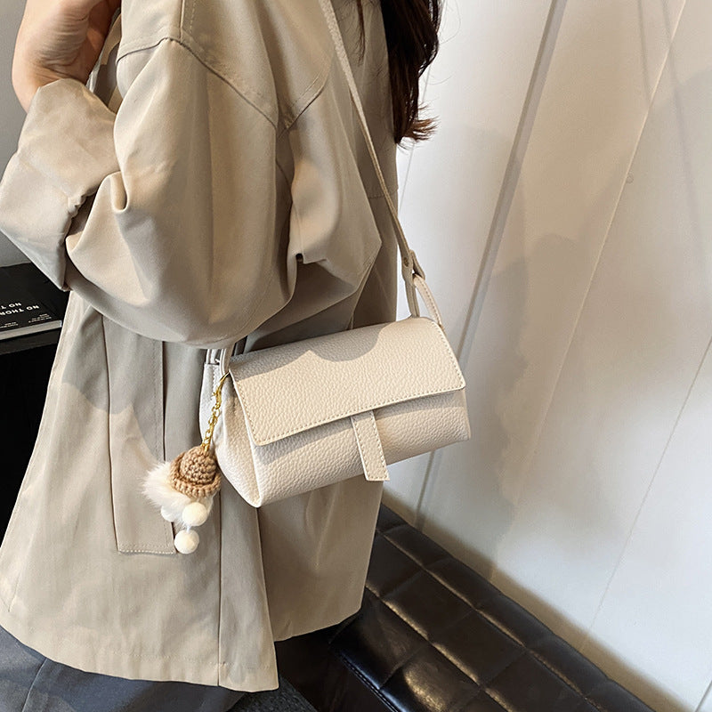 Taupe Brown Leather Crossbody Bag - Structured Flap Bag with Braided Strap & Hedgehog Charm | Small Shoulder Bag