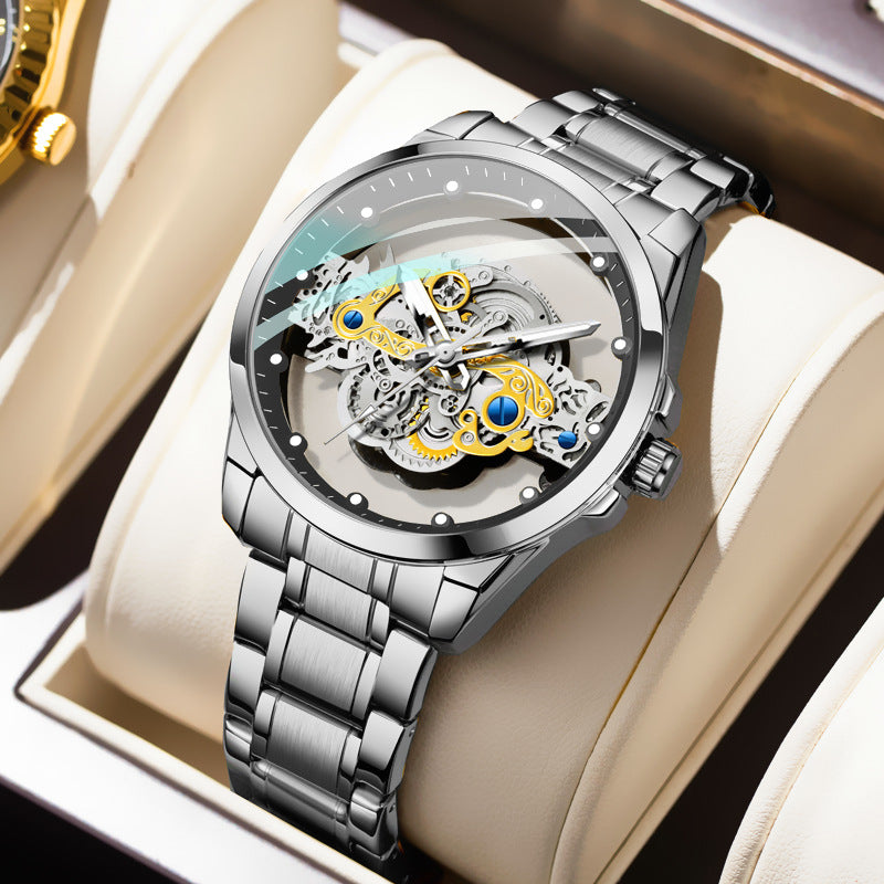 Men's Skeleton Automatic Mechanical Watch | Hollow Tourbillon Gold Gear Stainless Steel | Blue Accent Luxury Timepiece