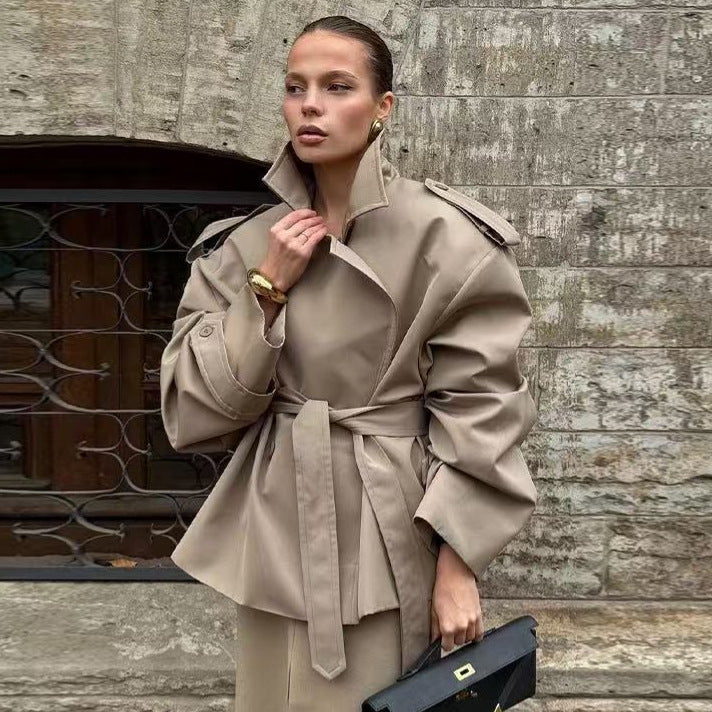 Oversized Khaki Trench Coat Women | Belted Short Trench Jacket with Lapel & Epaulettes | Elegant Outerwear