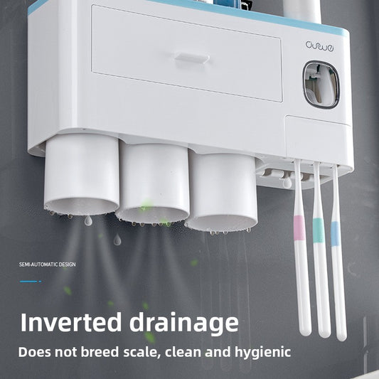 Wall-Mounted Toothbrush Holder with 4 Cups Grey | Automatic Toothpaste Dispenser & Bathroom Organizer