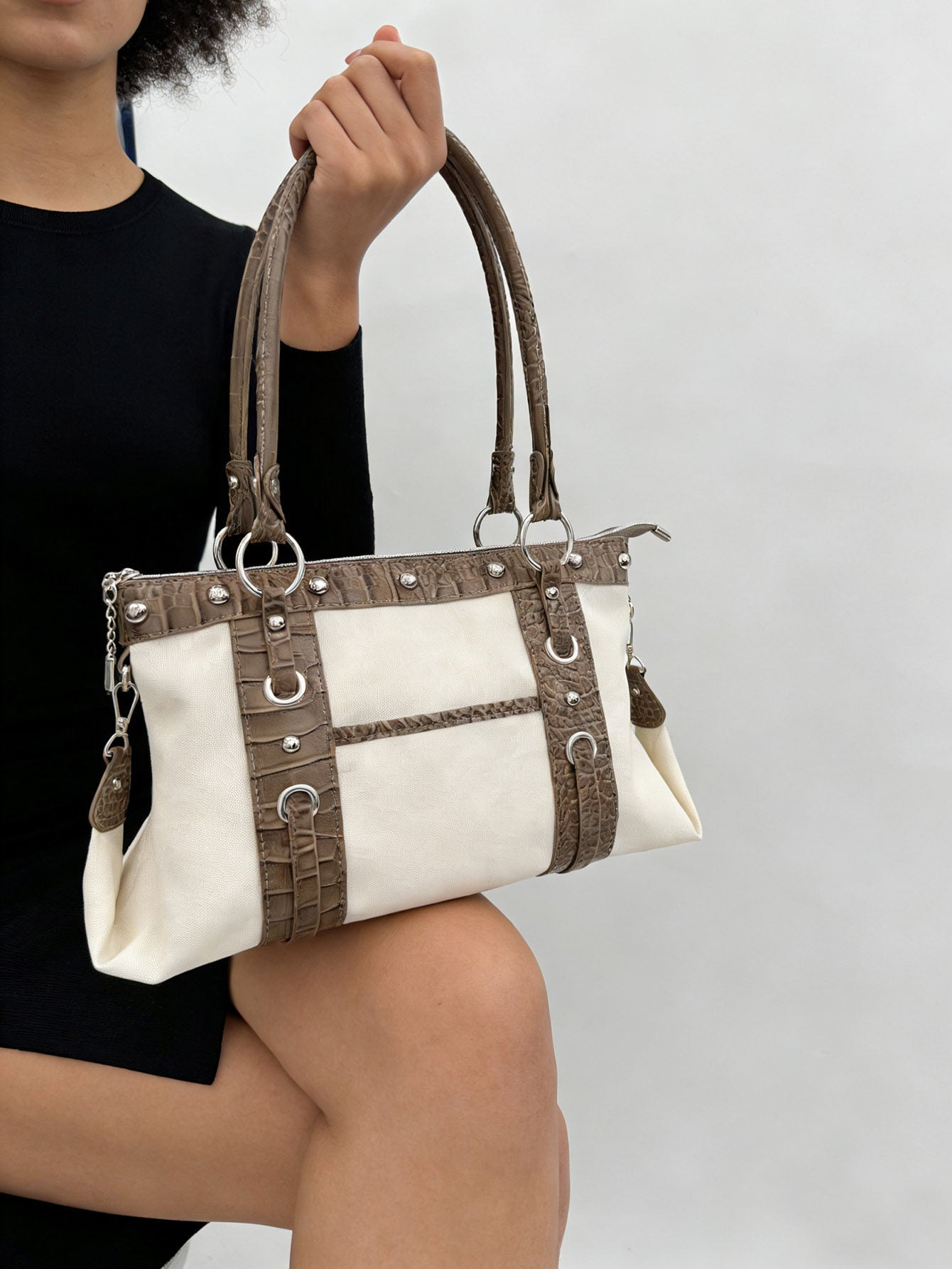 Navy Blue Nylon Handbag with Croc Trim - Studded Shoulder Bag with Silver Hardware | Mixed Material Structured Tote
