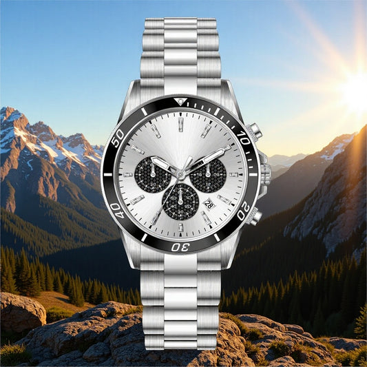 Men's Silver Chronograph Diver Watch | White Sunray Dial Black Honeycomb Subdials Rotating Bezel Steel Bracelet Date Watch