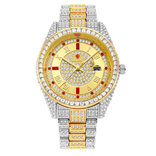 Iced Out Watch Men | Full CZ Diamond Bracelet | Red Ruby Baguette Bezel | Roman Numeral Hip Hop Luxury Watch | Date Display