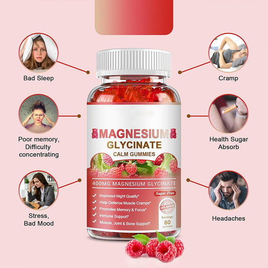 Magnesium Glycinate Calm Gummies 400mg | Sugar Free Sleep, Muscle Cramp, Focus & Immune Support | 60 Gummies