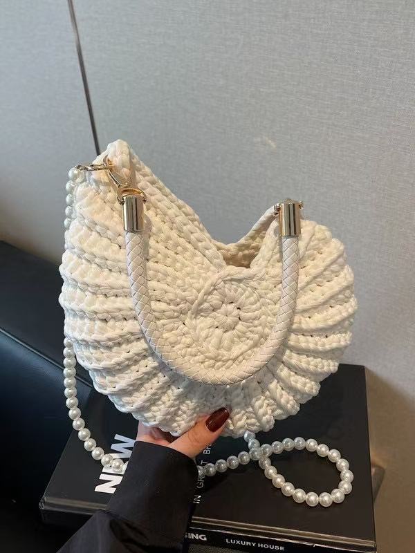 White Crochet Shell Bag | Pearl Chain Strap Handbag Woven Shoulder Purse for Women