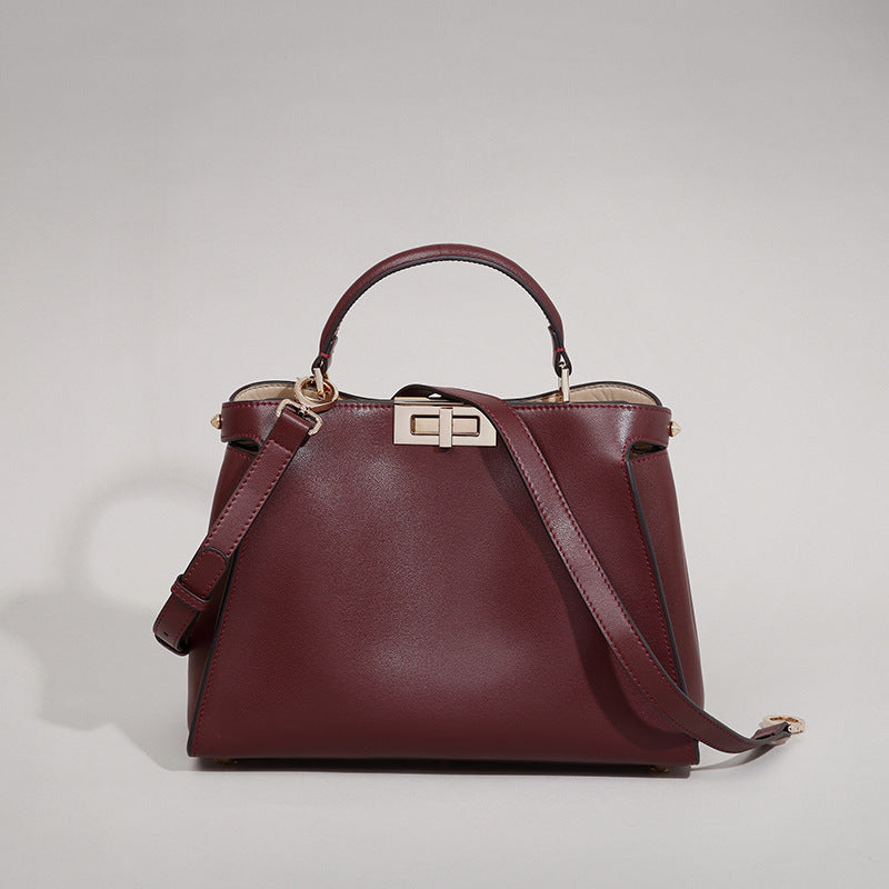 Burgundy Wine Leather Handbag with Gold Turn-Lock | Structured Trapezoid Bag Inspired by Fendi