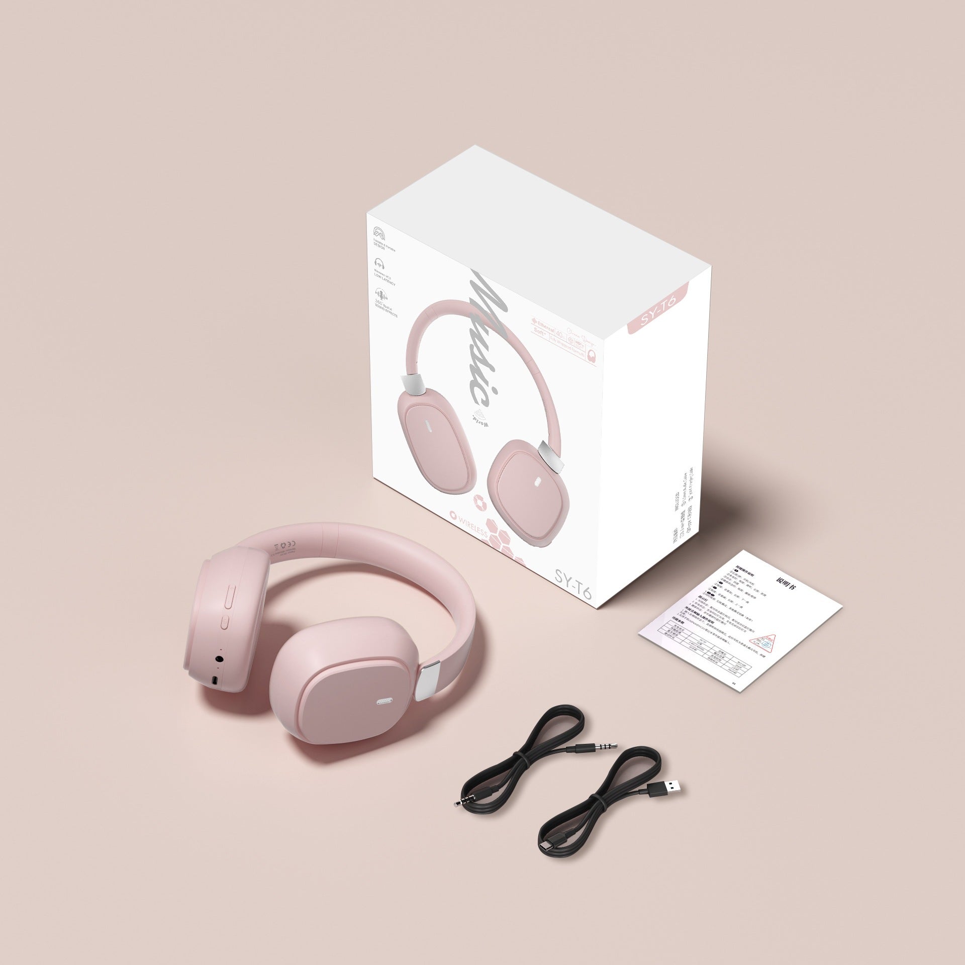 Wireless Bluetooth Over-Ear Headphones 6D Immersive Stereo Sound Foldable On-Ear Headset with Wired Mode USB Charging Cable Mic for Music Gaming Travel School - SY-T4