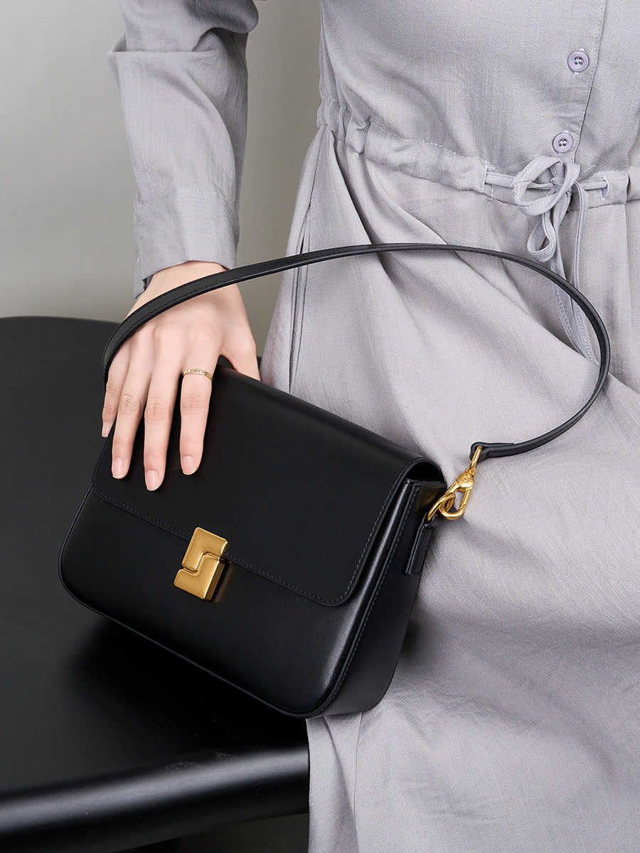 Black Leather Shoulder Bag with Gold Hardware | Designer Handbag