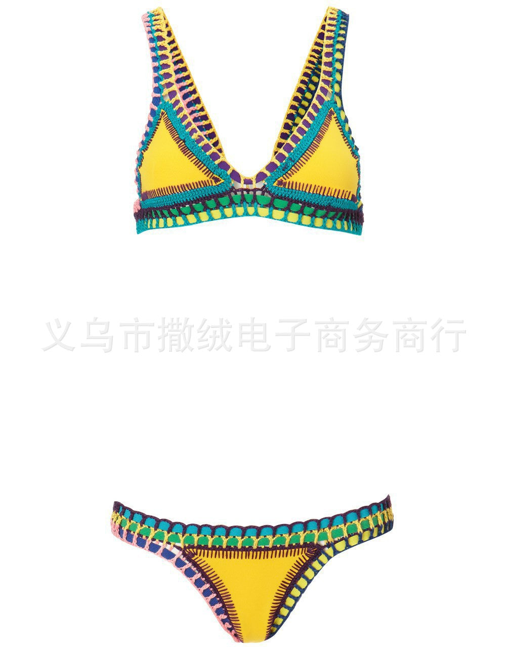 Black Gold Crochet Trim Bikini Set | Triangle Top & Low Rise Bottoms | Luxury Metallic Knit Edge Two Piece Swimsuit Women