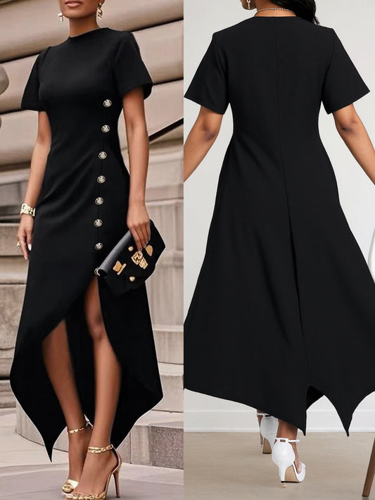 Women's Black Asymmetric Hem Midi Dress - Short Sleeve Round Neck Gold Button Detail Irregular Hem Dress - Elegant Bodycon Cocktail Dress for Office, Party & Special Occasions