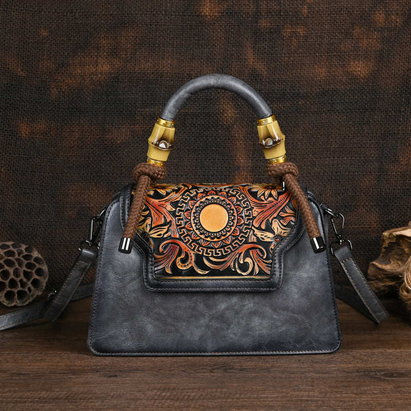 Black Leather Handbag with Tooled Design - Artisan Embossed Shoulder Bag with Braided Handle | Bohemian Ethnic Satchel