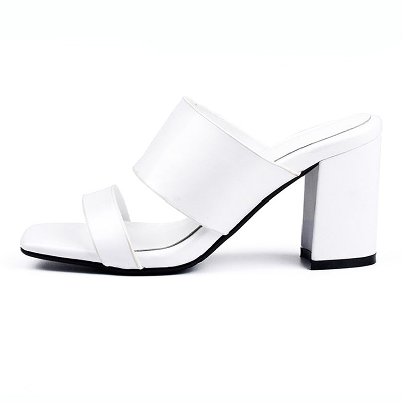 Black Leather Double Strap Wide Band Block Heel Mule Sandals | Women's Open Toe Chunky Heel Slip-On Shoes