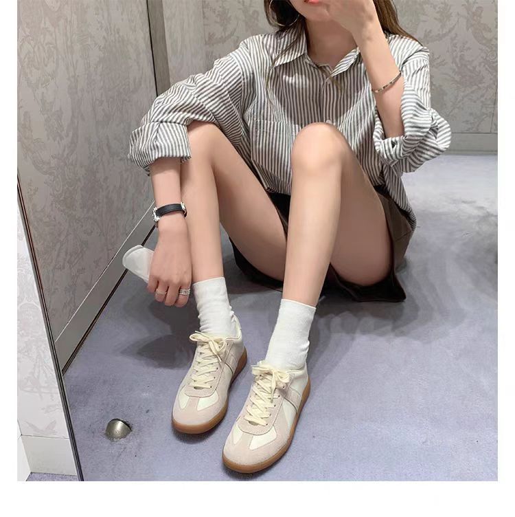White Suede Panel Retro Low Top Sneakers with Gum Sole | Cream Leather Lace-Up Vintage Trainer Shoes | Replica Style Unisex Casual Sneakers | Quiet Luxury Everyday Gum Sole Shoes