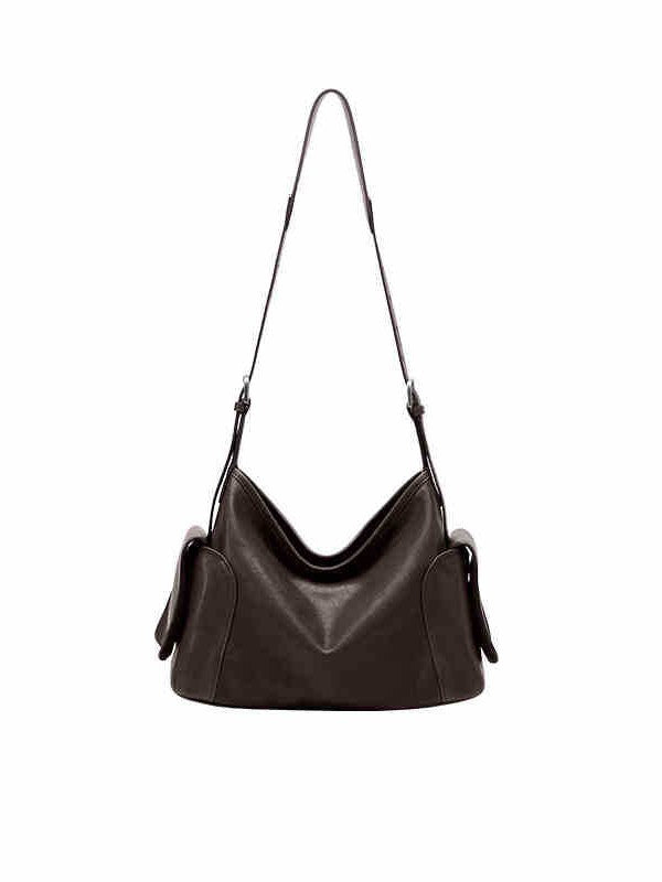 Dark Brown Leather Slouchy Shoulder Bag with Side Pockets | Soft Hobo Handbag