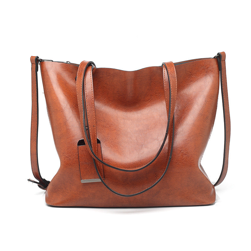 Cognac Brown Leather Tote Bag with Crossbody Strap | Vintage Style Shoulder Bag
