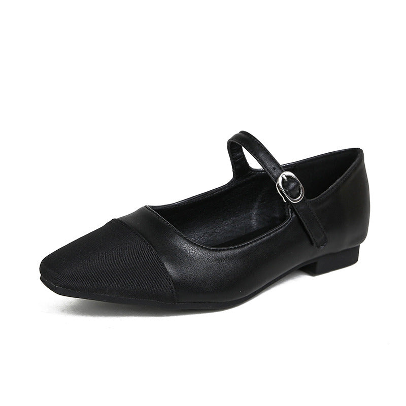 حذاء باليه ماري جين فضي معدني أسود ذو مقدمة مدببة | حذاء مسطح مدبب بإبزيم ثنائي اللون للنساء