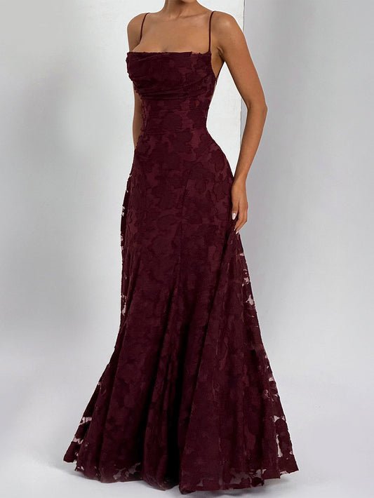 Burgundy Lace Floral Maxi Dress | Spaghetti Strap A-Line Formal Evening Gown
