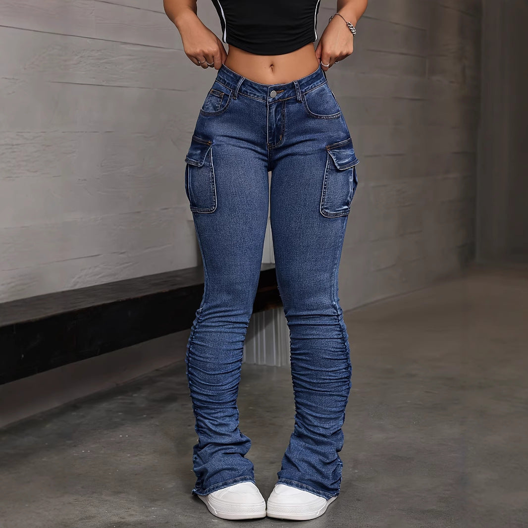Women's High Waist Stacked Cargo Jeans | Blue Denim Ruched Flare Pants | Multi Pocket Stretchy Skinny Jeans | Streetwear Fashion