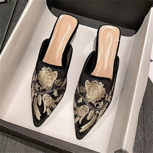 Black Floral Embroidered Pointed Toe Mule Heels for Women | Gold Flower Embroidery Slip-On Block Heel Mules | Elegant Sculptural Heel Backless Shoes | Luxury Artistic Embroidered Heels