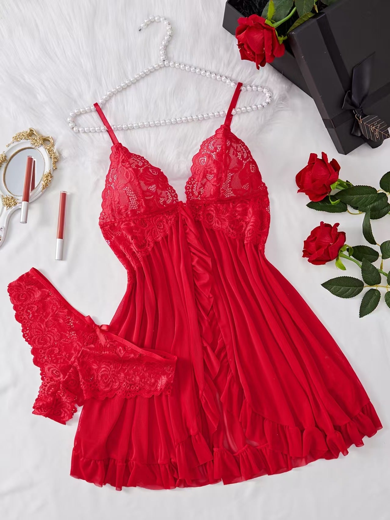 Women's Lace Babydoll Lingerie Dress Sexy Deep V Bow Front Sheer Mesh Mini Chemise Sleepwear 6 Colors