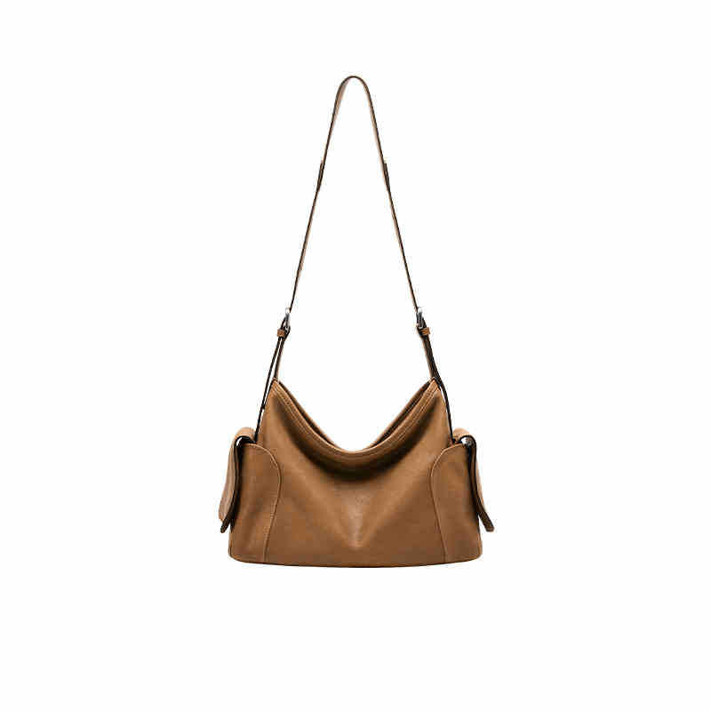 Dark Brown Leather Slouchy Shoulder Bag with Side Pockets | Soft Hobo Handbag