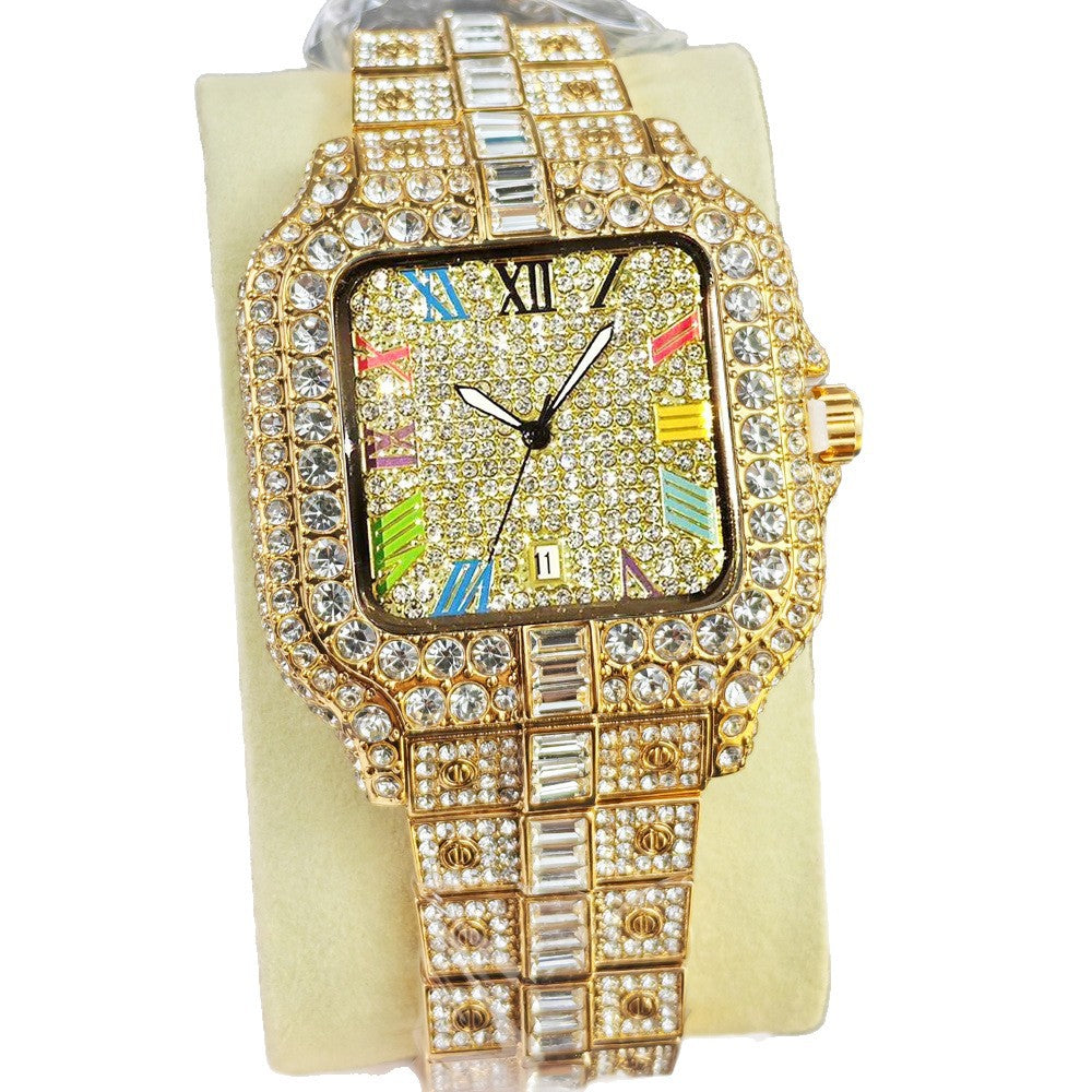 Iced Out Gold Square Watch | Full Diamond Crystal Baguette Bracelet Watch with Colorful Roman Numerals & Date Display | Hip Hop Luxury Watch