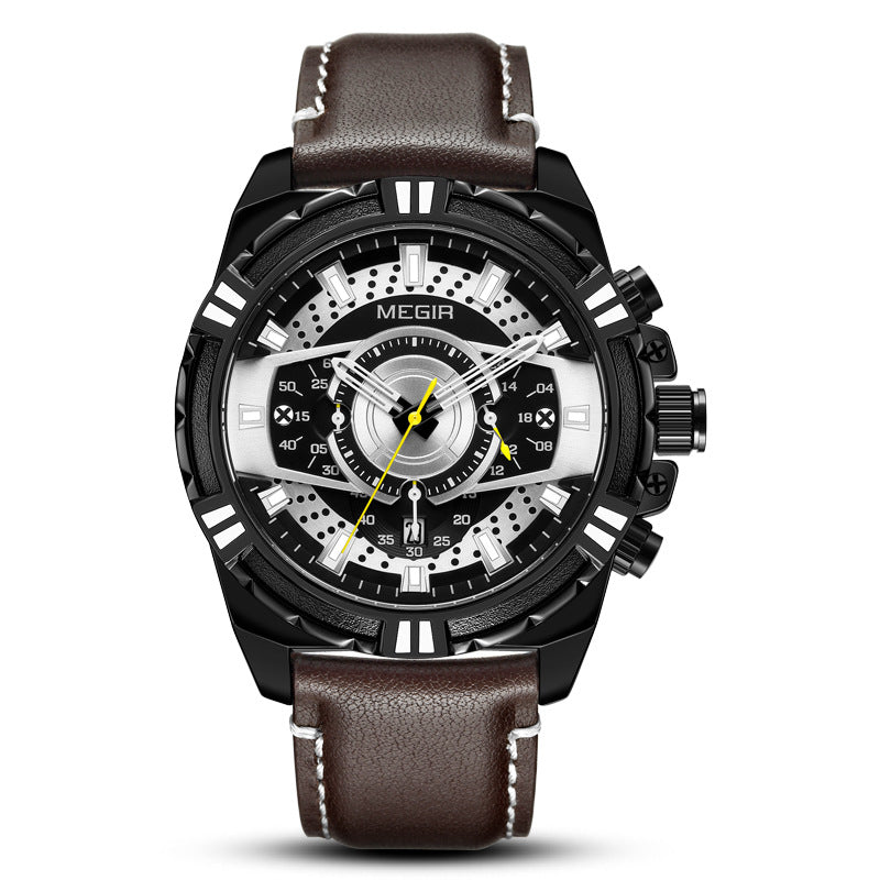 Megir Men's Racing Chronograph Watch | Black Dial Yellow Accent Brown Leather Strap Sport Turbo Style Date Watch