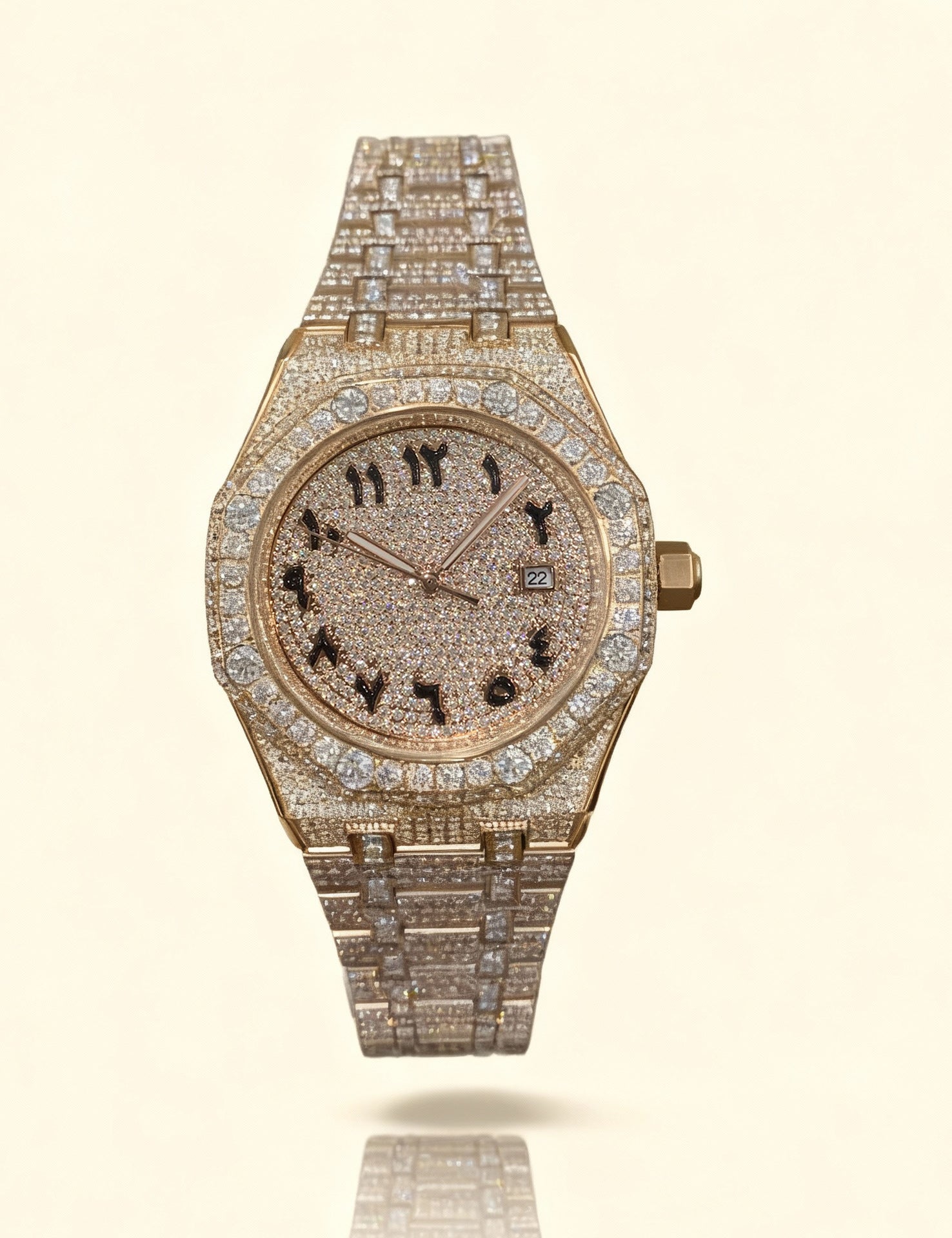 Iced Out Full Diamond Watch | Arabic Numeral Rose Gold Octagonal Bezel | Luxury Hip Hop Baguette & Paved Crystal Men's Watch