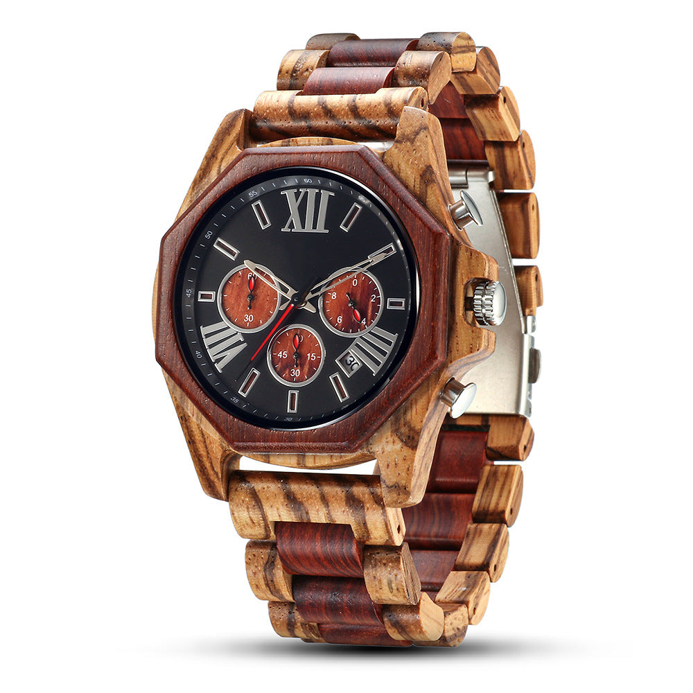 Men's Handcrafted Wooden Chronograph Watch | Zebra & Red Sandalwood Two-Tone Band | Octagonal Case, Roman Numerals & Date Display | Eco-Friendly Luxury Timepiece