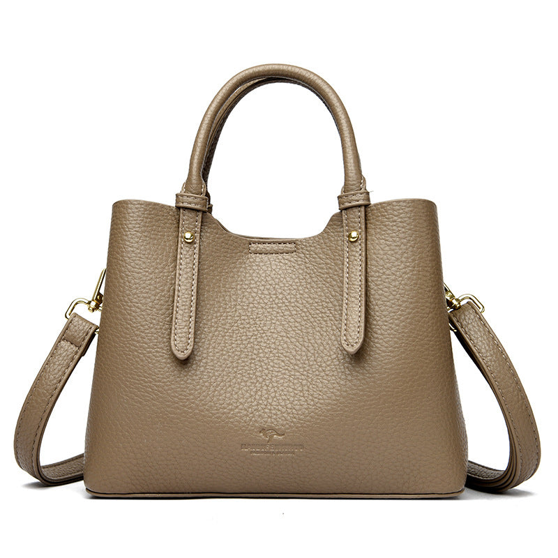 Taupe Pebbled Leather Satchel Bag - Structured Top Handle Tote with Crossbody Strap | Women's Professional Handbag with Gold Hardware